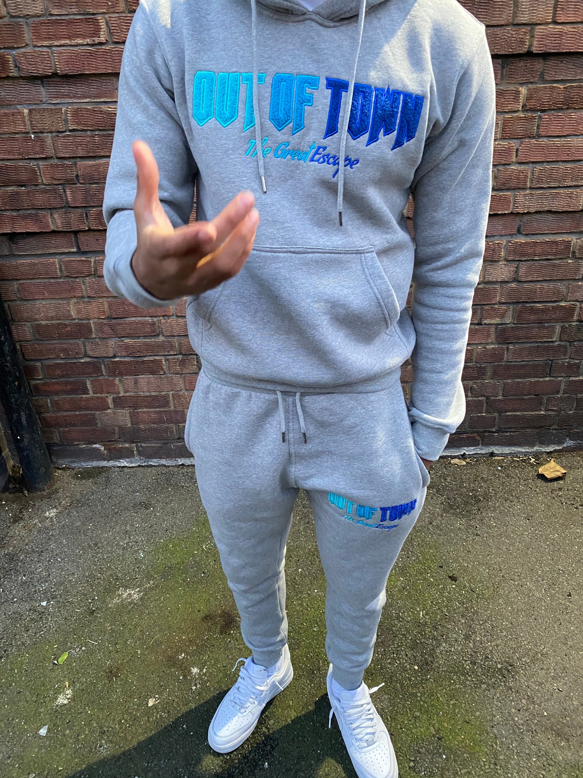 'The Great Escape' Embroidered Hoodie Grey & Blue