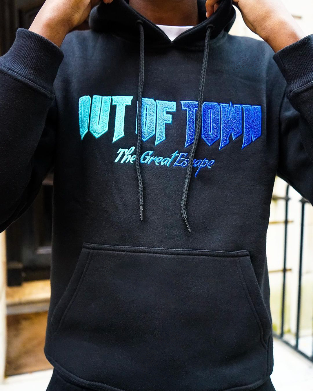 'The Great Escape' Embroidered Hoodie Black & Blue